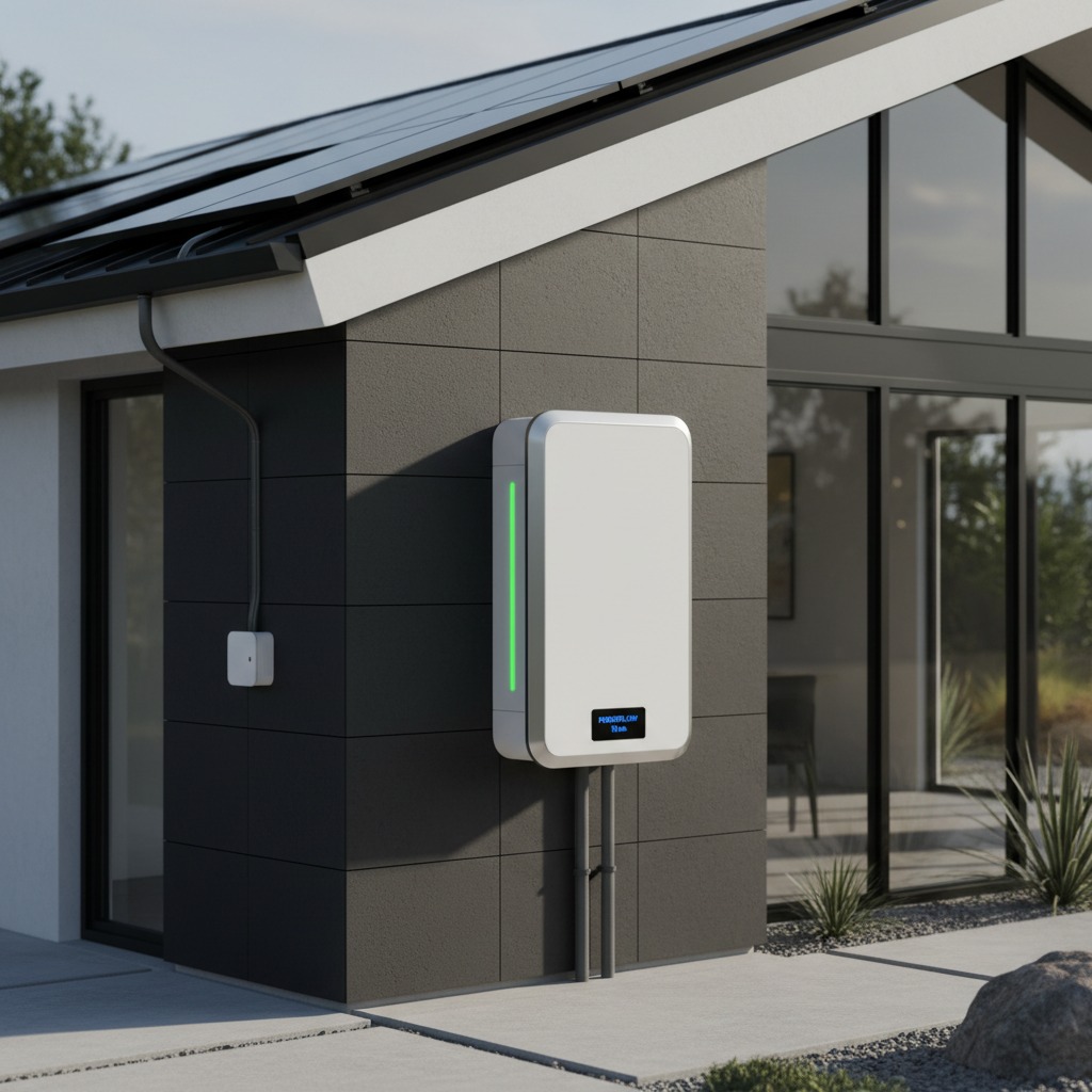 A white home battery storage unit with a glowing green indicator light is mounted on the dark tile exterior wall of a modern house with solar panels on the roof.