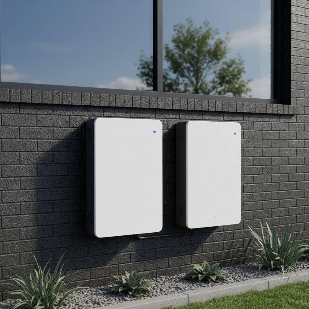 Two white rectangular home battery storage units are mounted on a dark brick exterior wall below a large window.