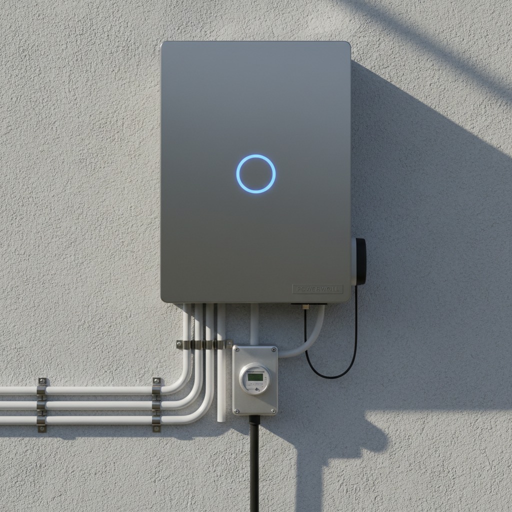 A rectangular, grey home battery unit with a glowing blue circular indicator is mounted on a textured exterior wall.