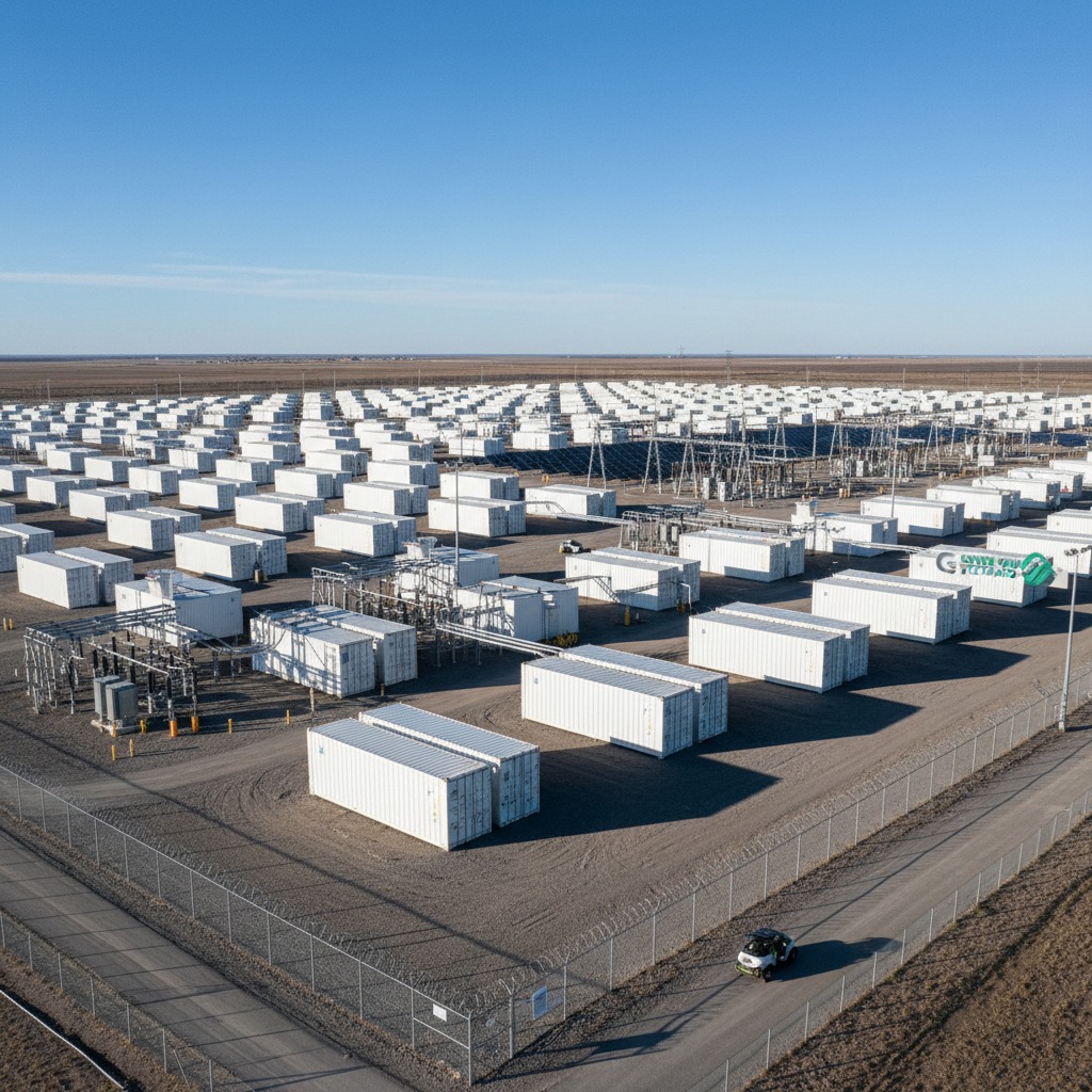 An aerial view shows a large data center complex featuring numerous white shipping-style containers arranged in rows across a gravel lot under a clear blue sky.