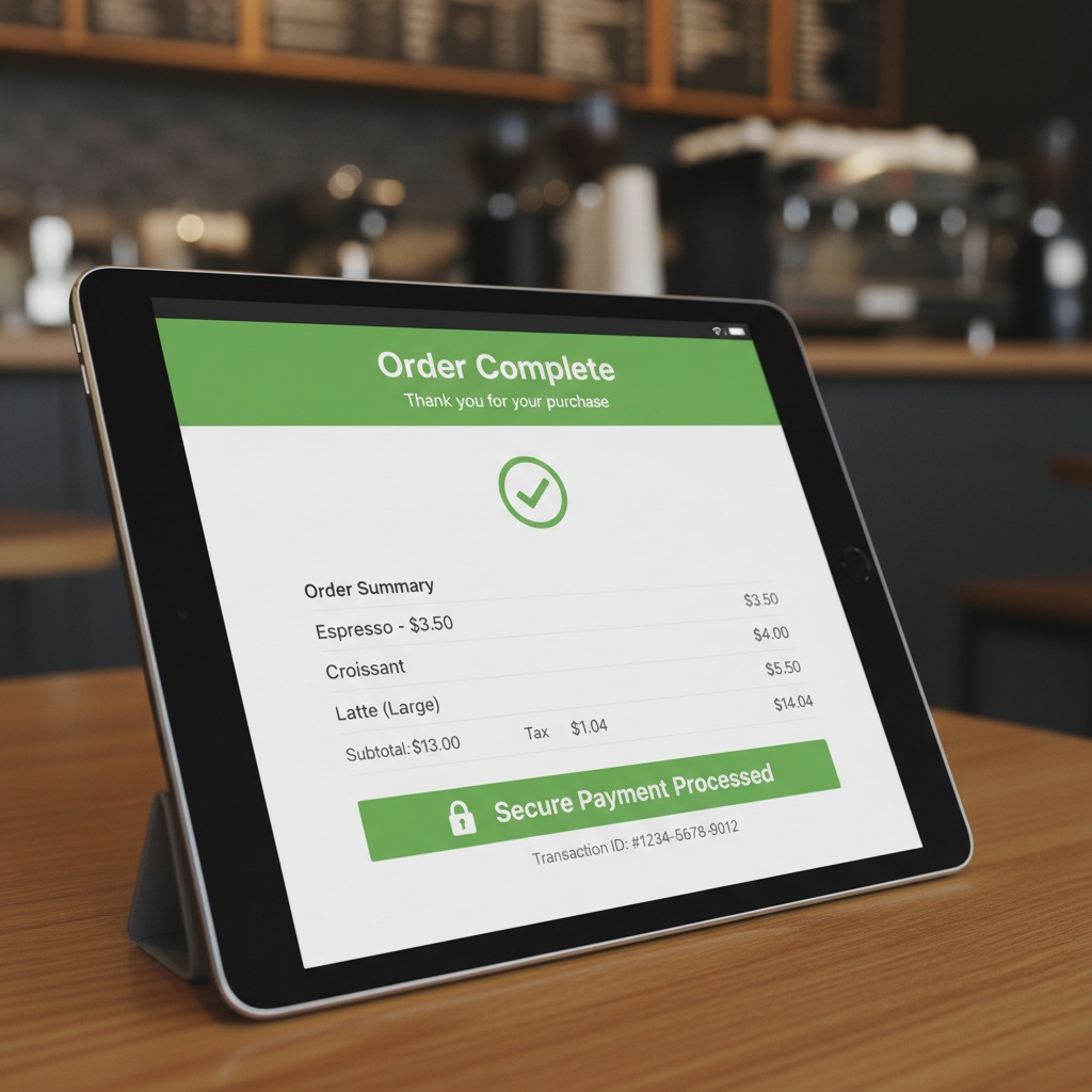 A tablet on a wooden counter displays a successful order completion screen with an itemized receipt.
